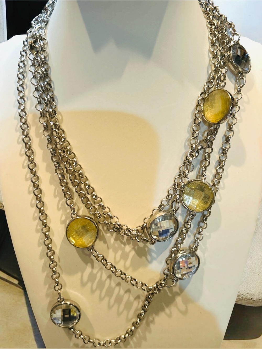 Charming Charlie-Silver Chain Necklace with Yellow and Clear stones